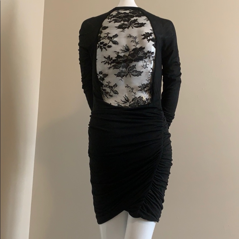 A.L.C. Black Ruched Long Sleeve Dress with Lace Cut-Out Back SM EC - Picture 11 of 15